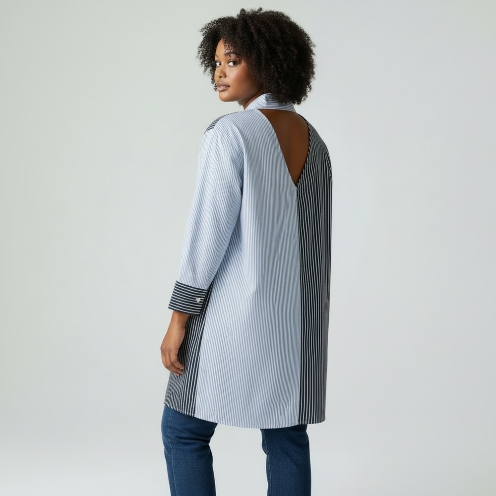 Ripe - Gray Stipe Tunic Blouse with Cutout Detail - M
